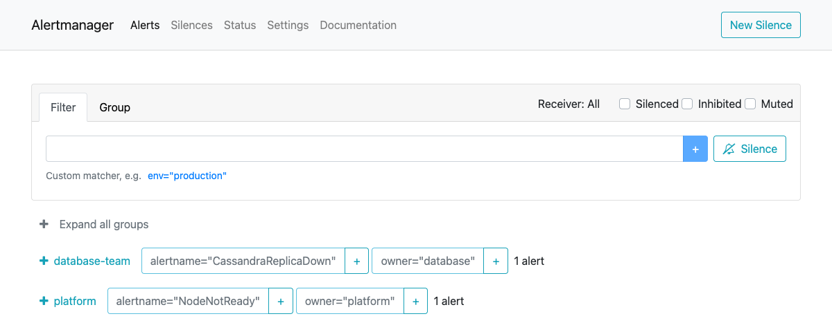 Alertmanager with CassandraReplicaDown routed to the database team and NodeNotReady to platform