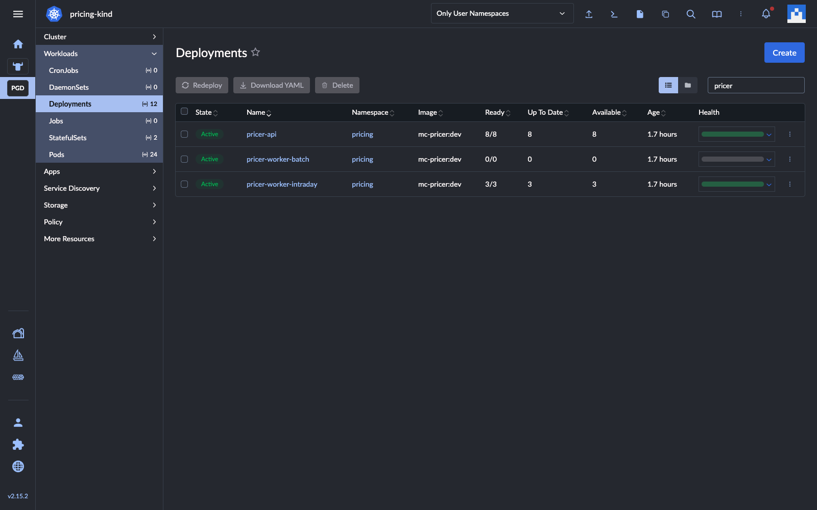Rancher workloads view of the pricing namespace